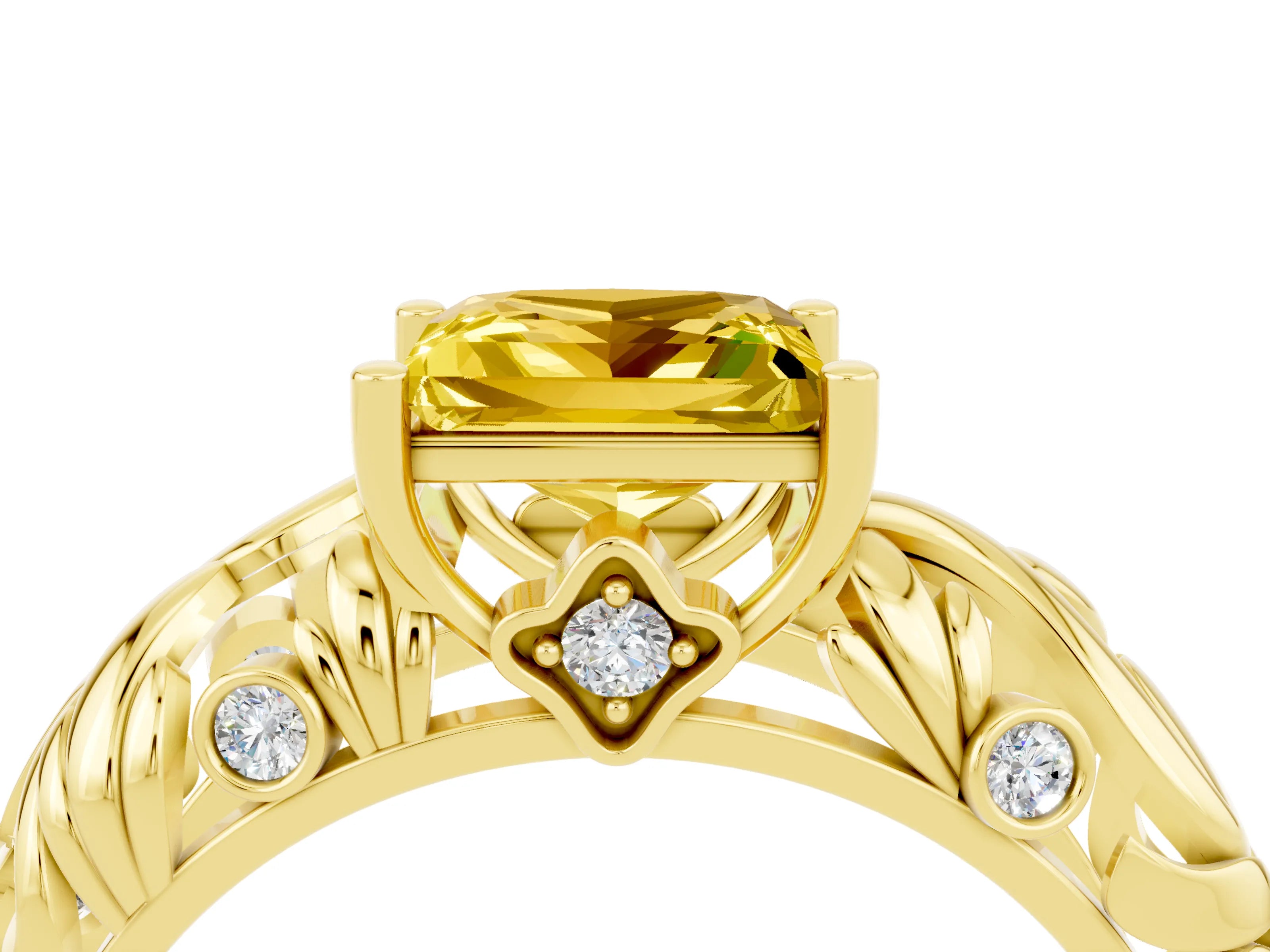 Yellow gold Princess Cut Solitaire Yellow Sapphire Leaf-Inspired Vine Band Ring with Prong Setting_28