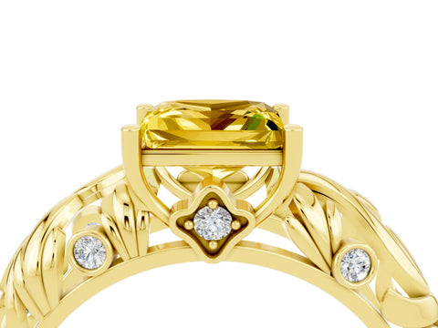 Yellow gold Princess Cut Solitaire Yellow Sapphire Leaf-Inspired Vine Band Ring with Prong Setting_28