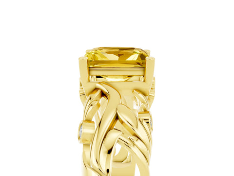 Yellow gold Princess Cut Solitaire Yellow Sapphire Leaf-Inspired Vine Band Ring with Prong Setting_29