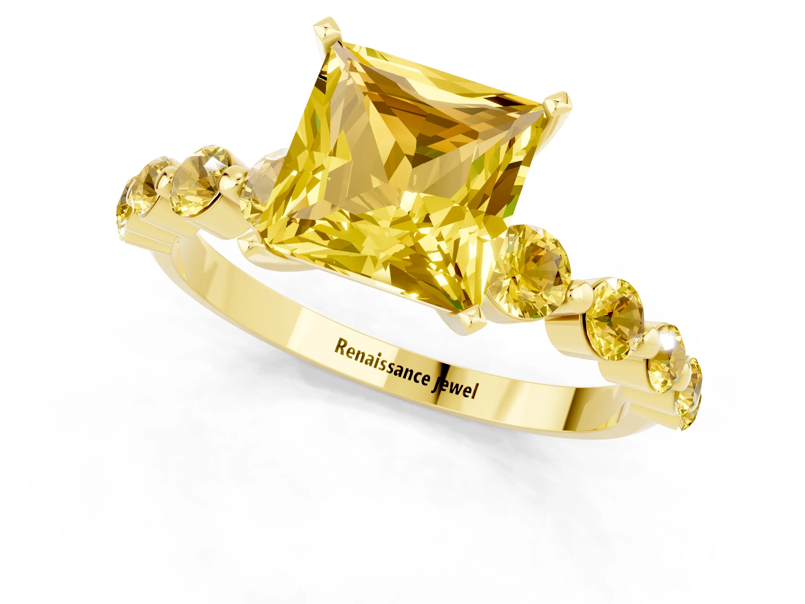 Yellow gold Princess Cut Solitaire Yellow Sapphire Ring with Pave Band and Four-Prong Setting_1