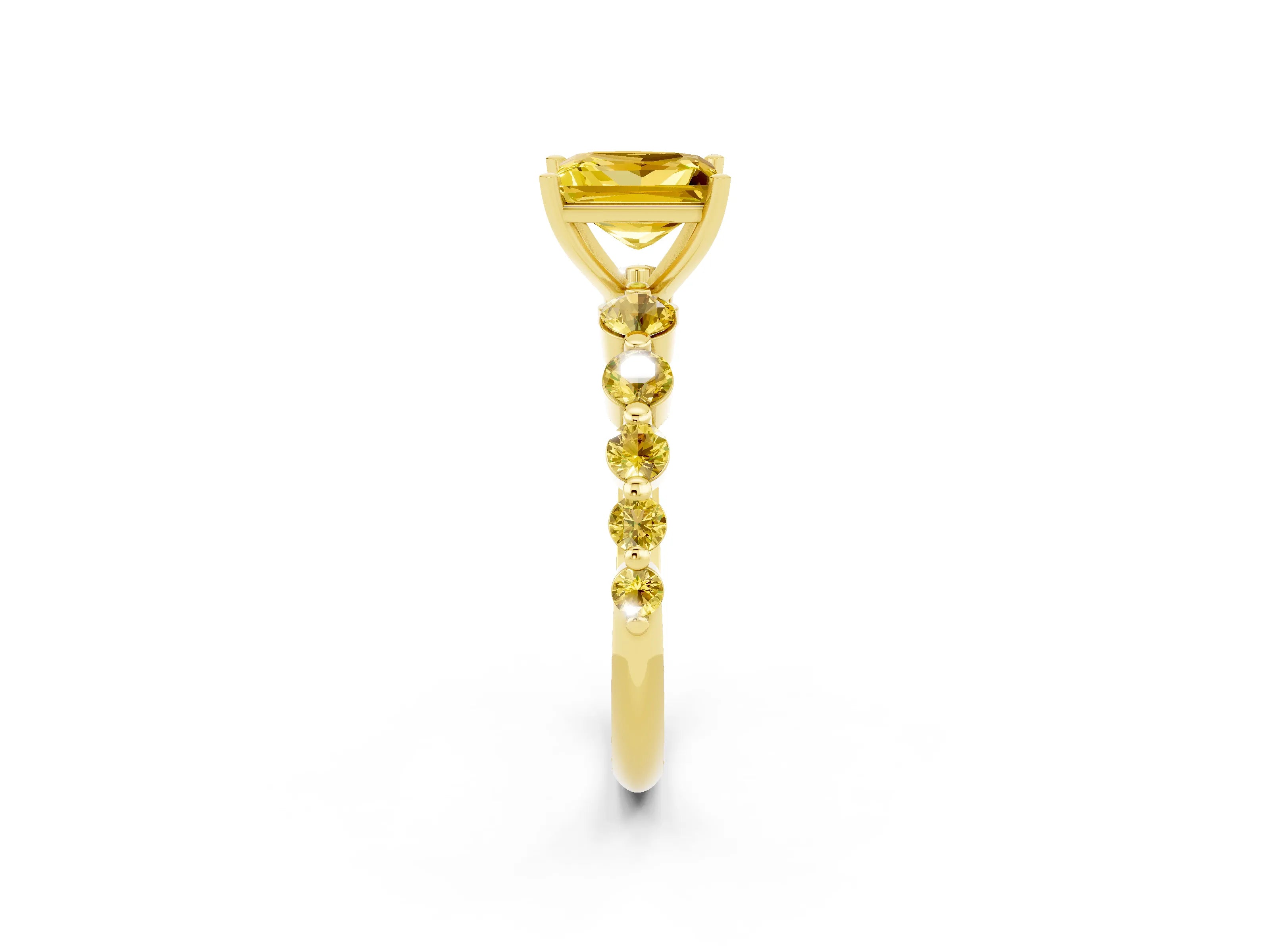 Yellow gold Princess Cut Solitaire Yellow Sapphire Ring with Pave Band and Four-Prong Setting_2
