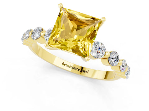 Yellow gold Princess Cut Solitaire Yellow Sapphire Ring with Pave Band and Four-Prong Setting_25