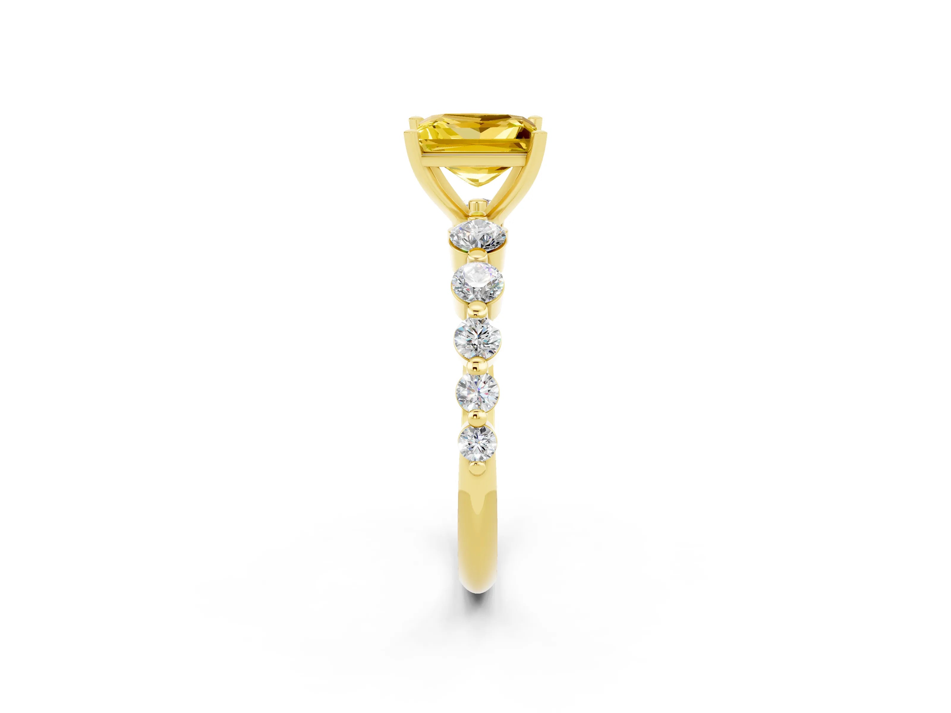 Yellow gold Princess Cut Solitaire Yellow Sapphire Ring with Pave Band and Four-Prong Setting_26