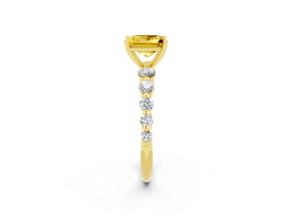 Yellow gold Princess Cut Solitaire Yellow Sapphire Ring with Pave Band and Four-Prong Setting