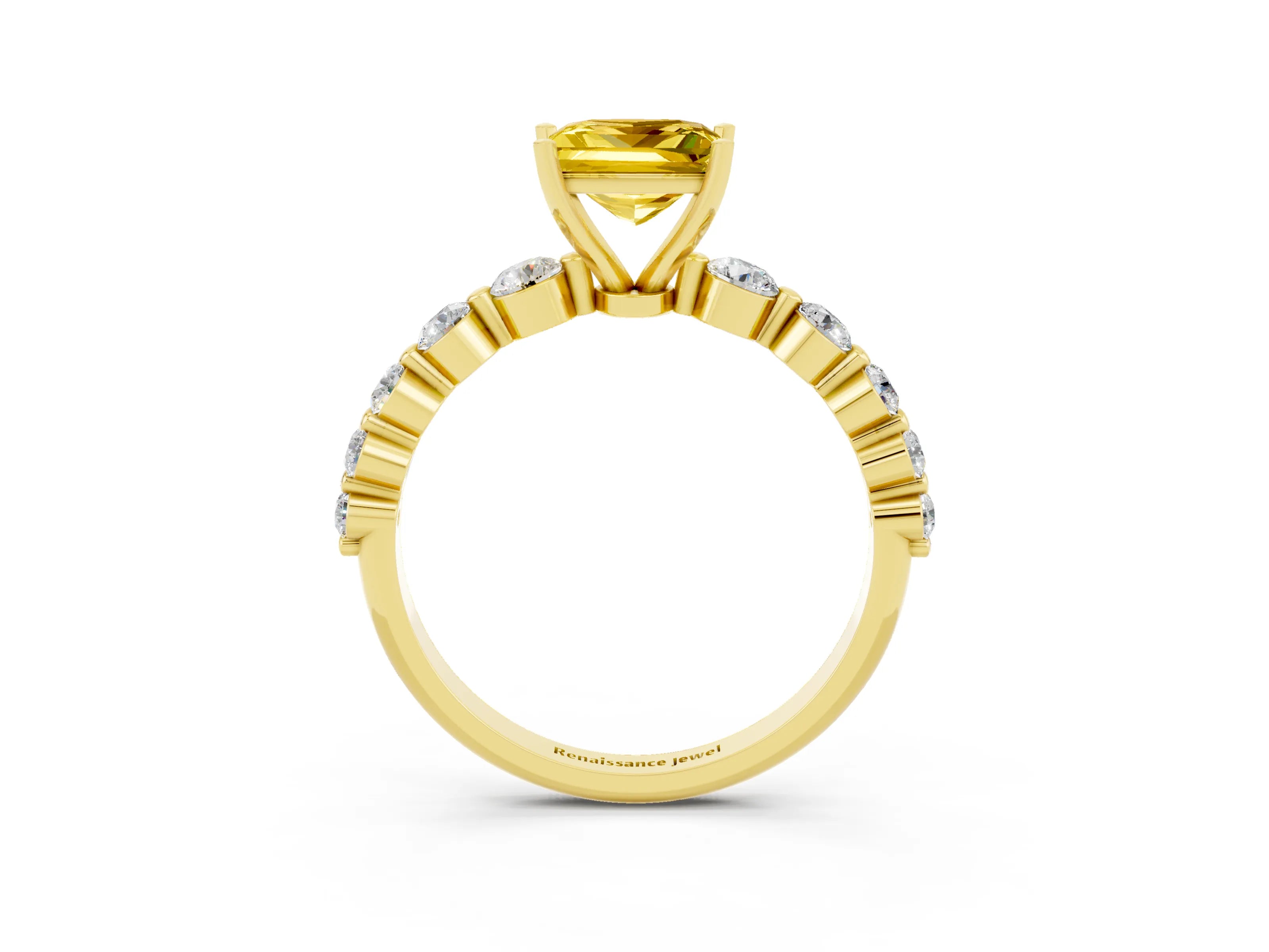 Yellow gold Princess Cut Solitaire Yellow Sapphire Ring with Pave Band and Four-Prong Setting_27