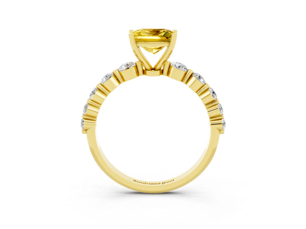 Yellow gold Princess Cut Solitaire Yellow Sapphire Ring with Pave Band and Four-Prong Setting