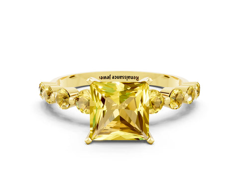 Yellow gold Princess Cut Solitaire Yellow Sapphire Ring with Pave Band and Four-Prong Setting