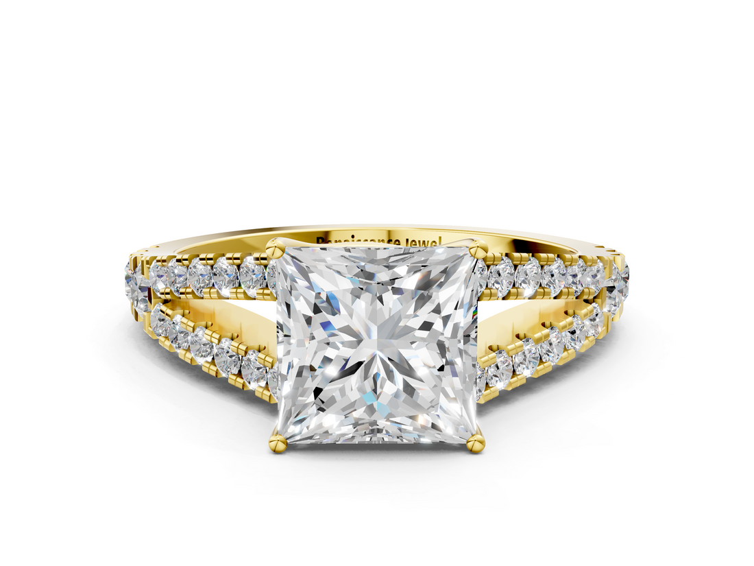 14K Yellow Gold 1.04 Carat E VS1 Princess Cut Split Shank Pave Diamond Engagement Ring with Four-Prong Setting