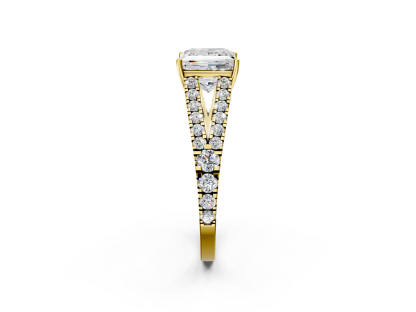 Yellow gold Princess Cut Split Shank Pave Diamond Engagement Ring with Four-Prong Setting