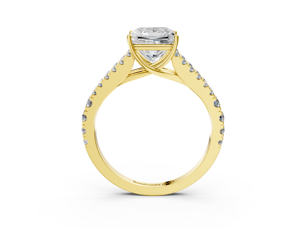 Yellow gold Princess Cut Split Shank Pave Diamond Engagement Ring with Four-Prong Setting
