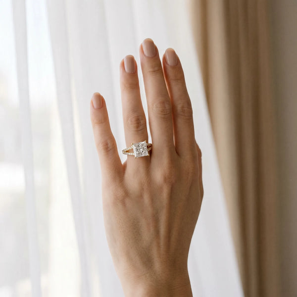 Yellow gold Princess Cut Split Shank Pave Diamond Engagement Ring with Four-Prong Setting