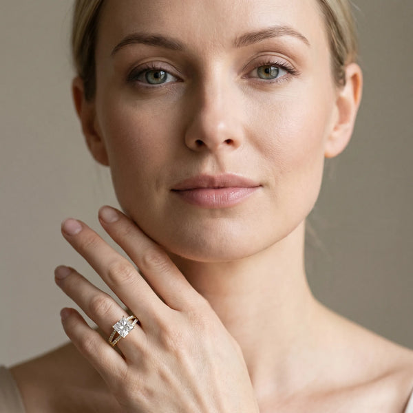 Yellow gold Princess Cut Split Shank Pave Diamond Engagement Ring with Four-Prong Setting