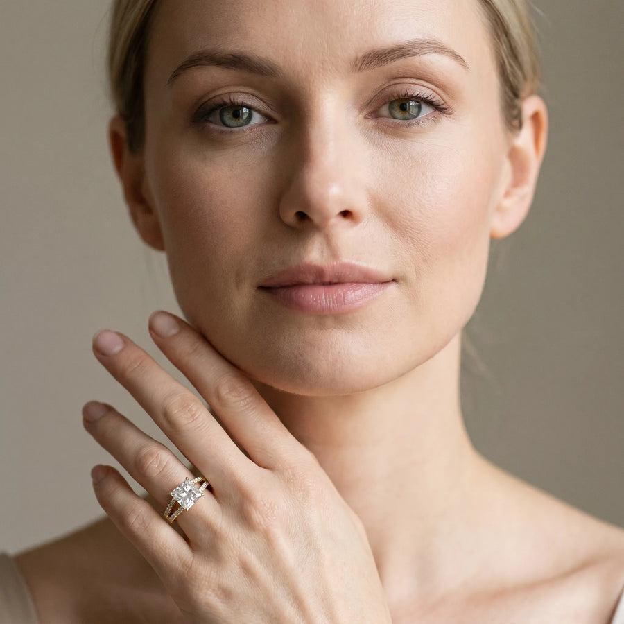 Yellow gold Princess Cut Split Shank Pave Diamond Engagement Ring with Four-Prong Setting