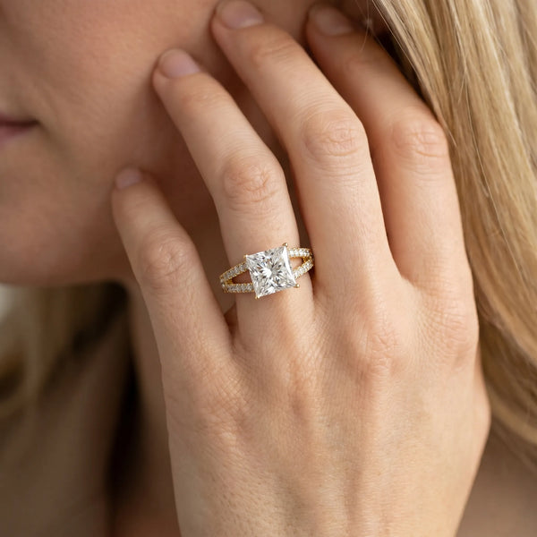 Yellow gold Princess Cut Split Shank Pave Diamond Engagement Ring with Four-Prong Setting