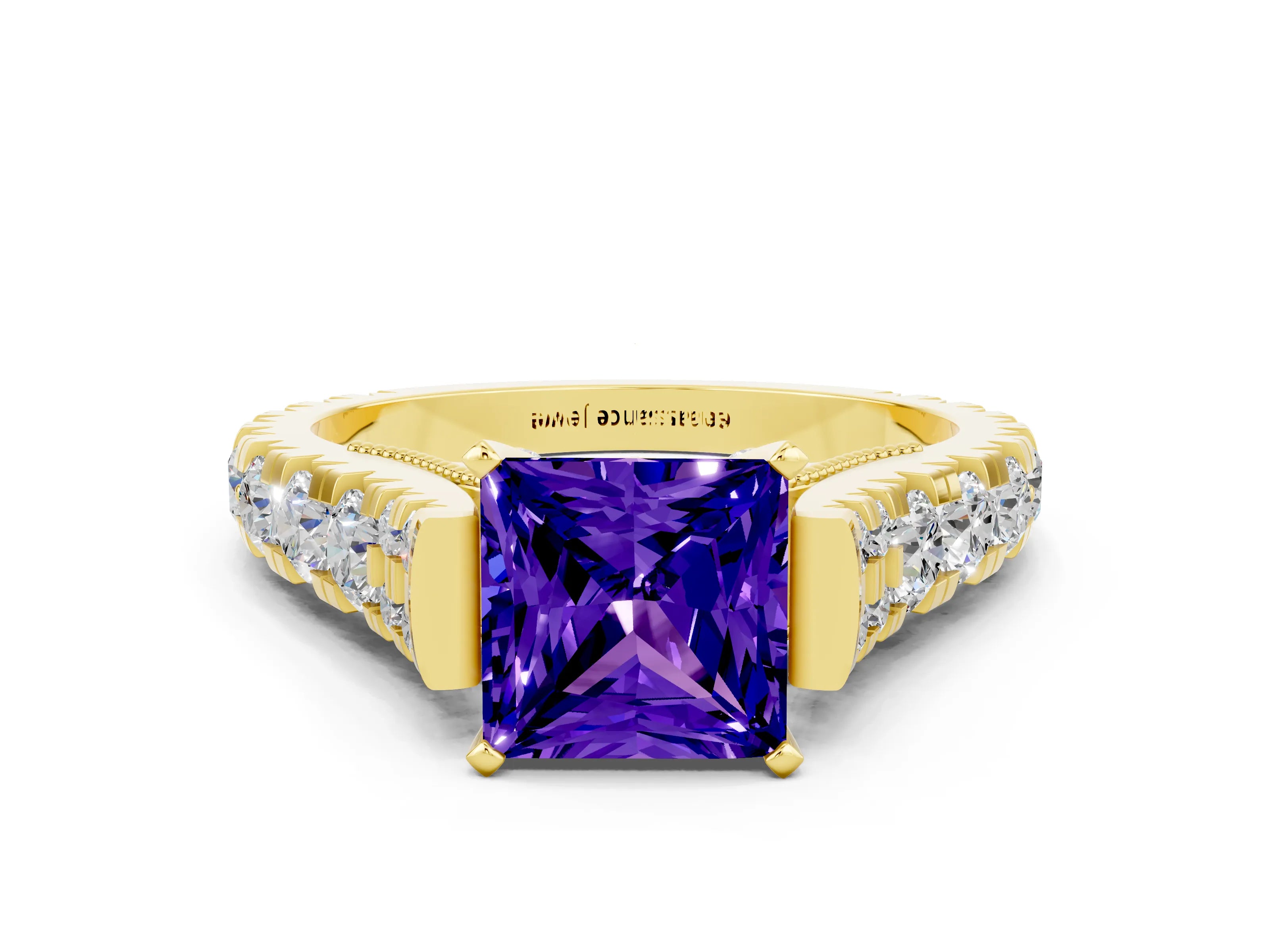 Yellow gold Princess Cut Tanzanite Classic Solitaire Ring with Pavé Band and Four-Prong Setting