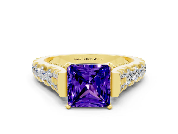 Yellow gold Princess Cut Tanzanite Classic Solitaire Ring with Pavé Band and Four-Prong Setting