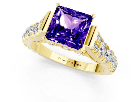 Yellow gold Princess Cut Tanzanite Classic Solitaire Ring with Pavé Band and Four-Prong Setting_1