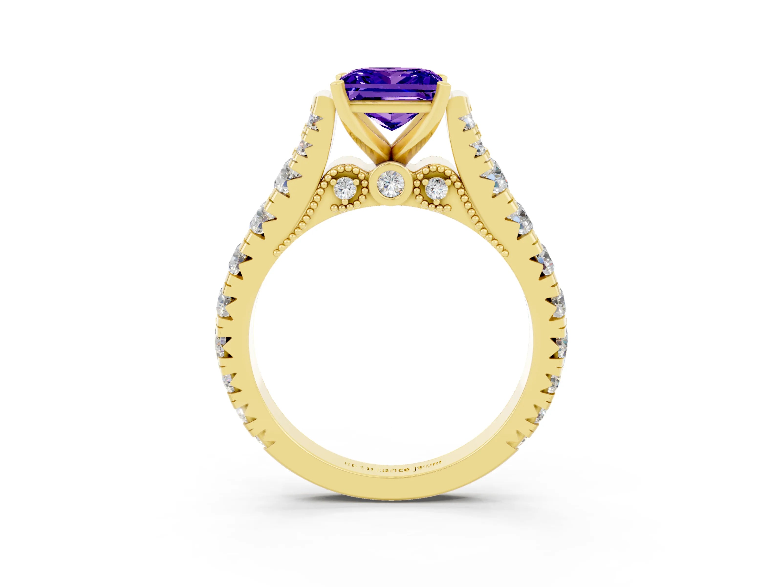 Yellow gold Princess Cut Tanzanite Classic Solitaire Ring with Pavé Band and Four-Prong Setting_3