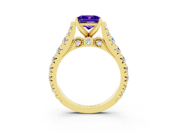Yellow gold Princess Cut Tanzanite Classic Solitaire Ring with Pavé Band and Four-Prong Setting