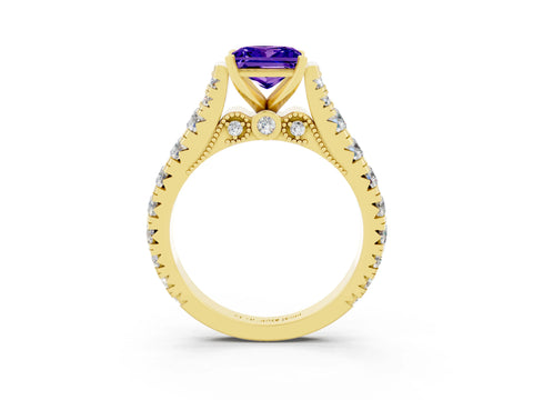 Yellow gold Princess Cut Tanzanite Classic Solitaire Ring with Pavé Band and Four-Prong Setting_3