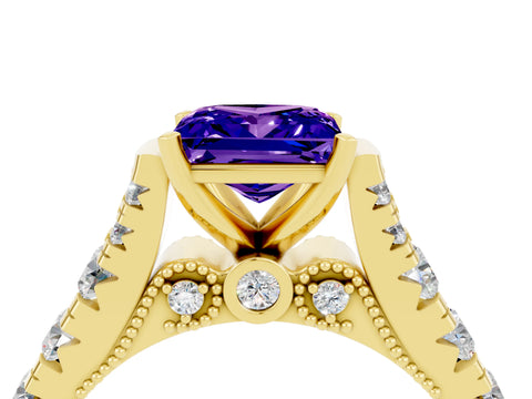 Yellow gold Princess Cut Tanzanite Classic Solitaire Ring with Pavé Band and Four-Prong Setting_4