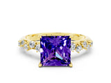 Yellow gold Princess Cut Tanzanite Cluster Side Stone Solitaire Ring with Prong Setting_24