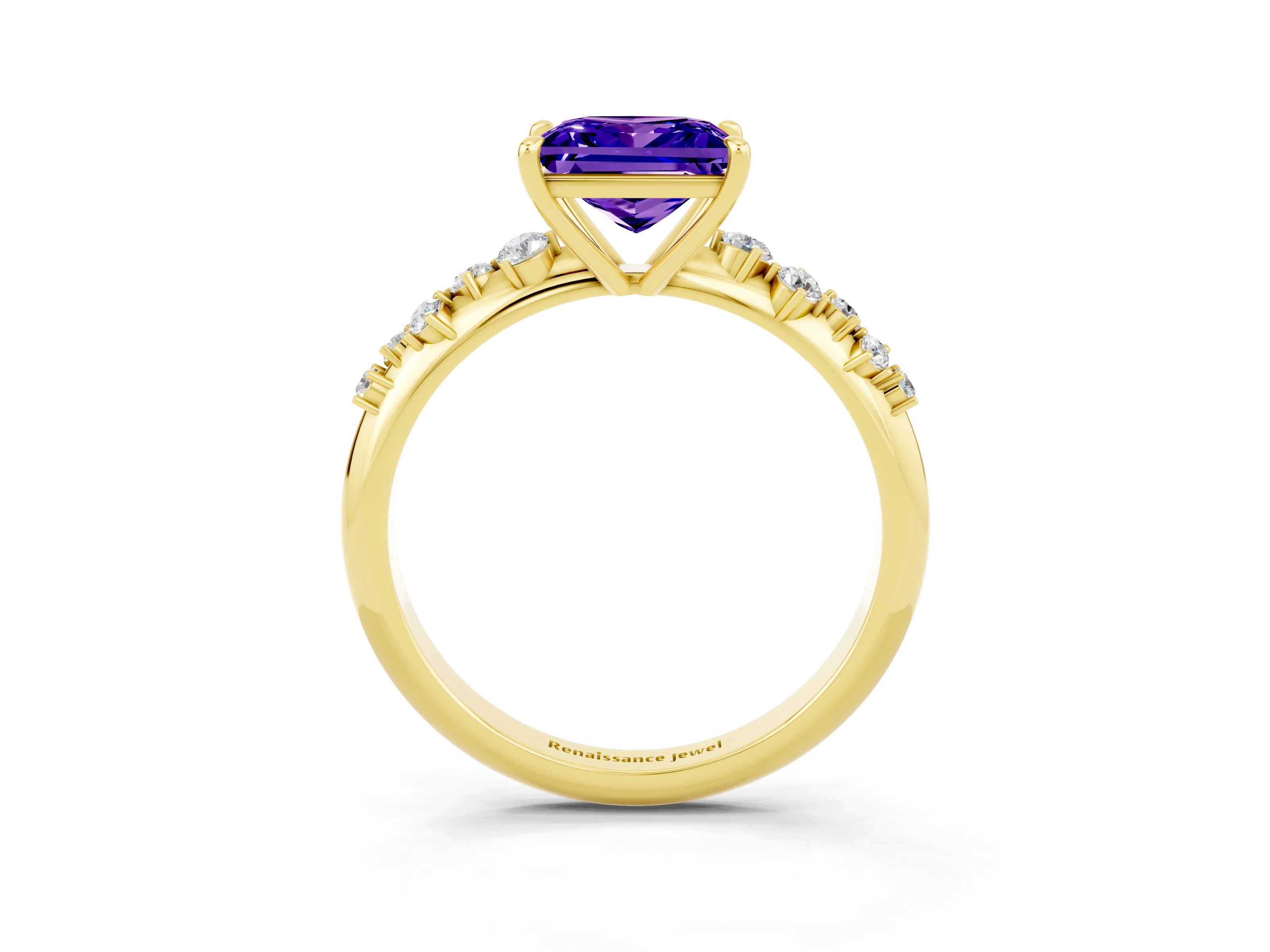 Yellow gold Princess Cut Tanzanite Cluster Side Stone Solitaire Ring with Prong Setting_27