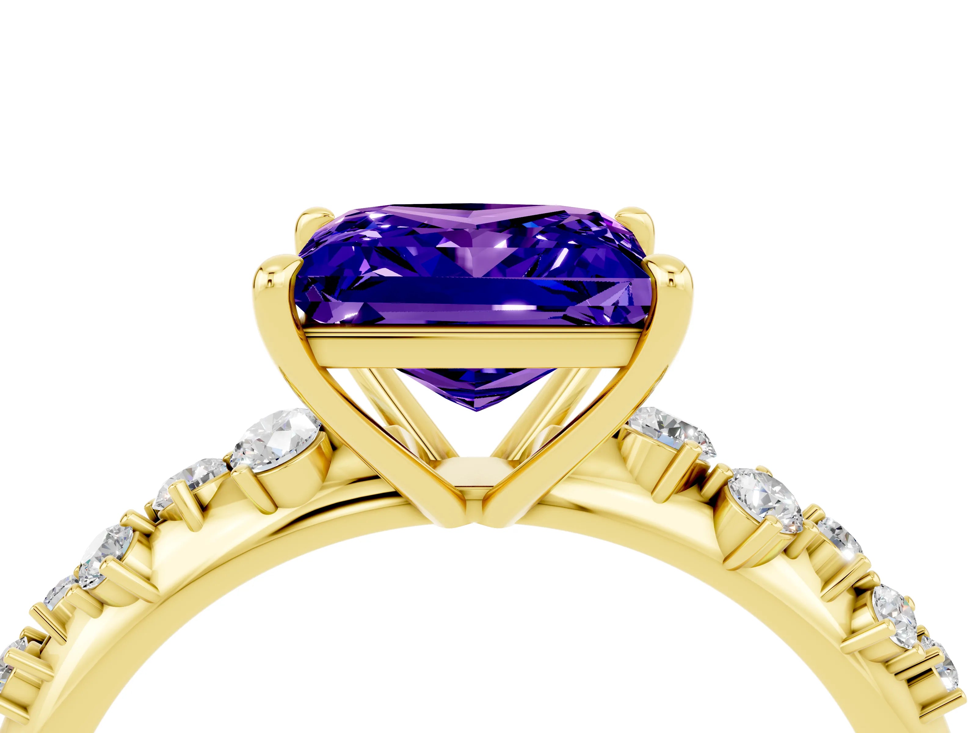 Yellow gold Princess Cut Tanzanite Cluster Side Stone Solitaire Ring with Prong Setting_28