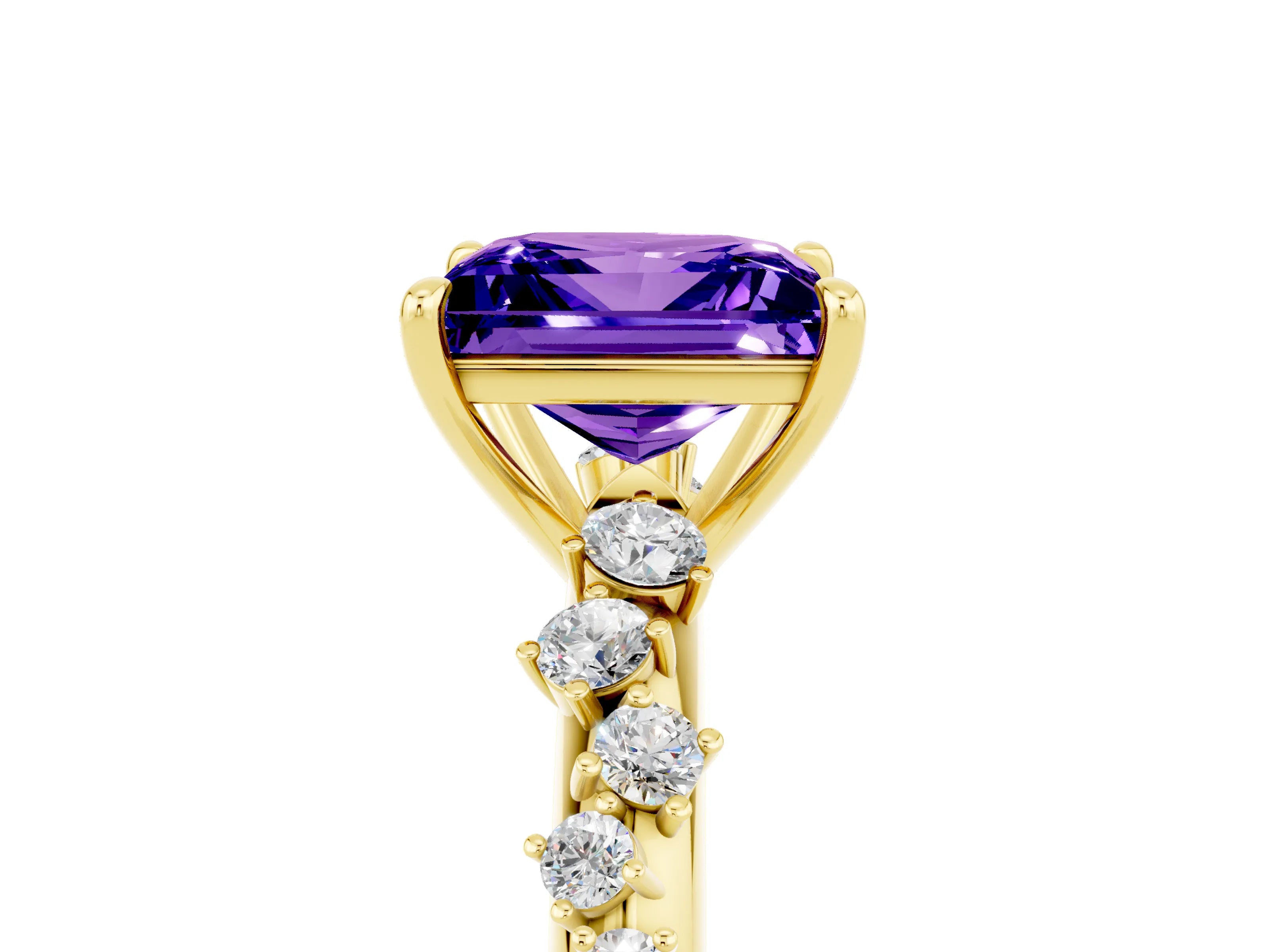 Yellow gold Princess Cut Tanzanite Cluster Side Stone Solitaire Ring with Prong Setting_29