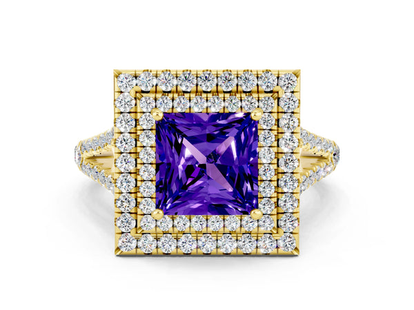 Yellow gold Princess Cut Tanzanite Double Halo Ring with Pavé Band and Prong Setting