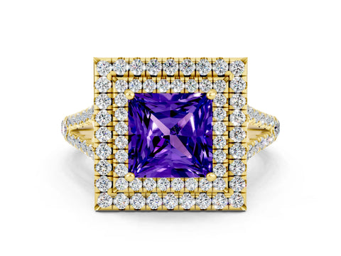Yellow gold Princess Cut Tanzanite Double Halo Ring with Pavé Band and Prong Setting_12