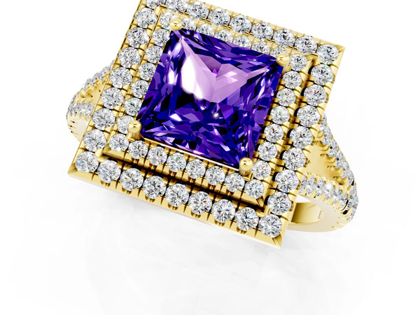 Yellow gold Princess Cut Tanzanite Double Halo Ring with Pavé Band and Prong Setting