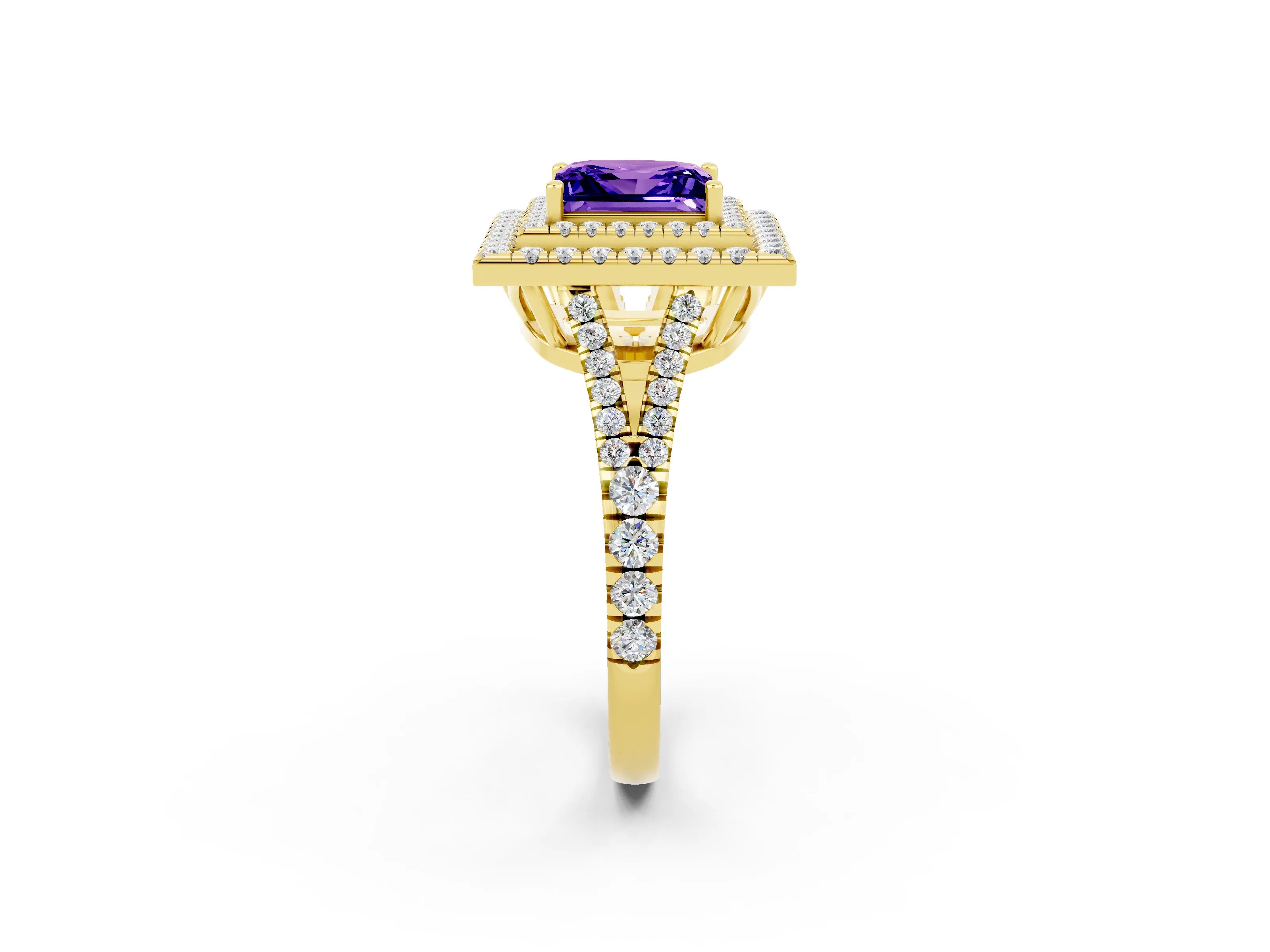 Yellow gold Princess Cut Tanzanite Double Halo Ring with Pavé Band and Prong Setting_14