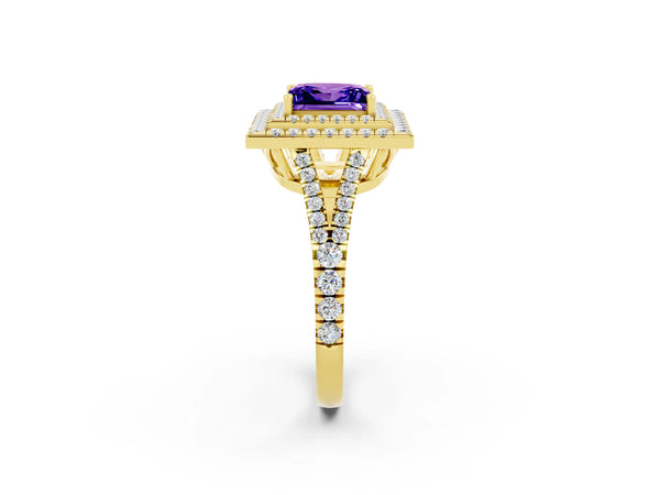 Yellow gold Princess Cut Tanzanite Double Halo Ring with Pavé Band and Prong Setting