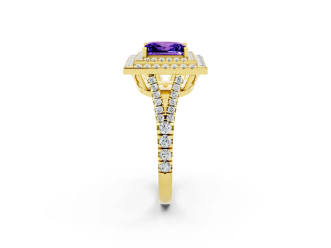 Yellow gold Princess Cut Tanzanite Double Halo Ring with Pavé Band and Prong Setting_14
