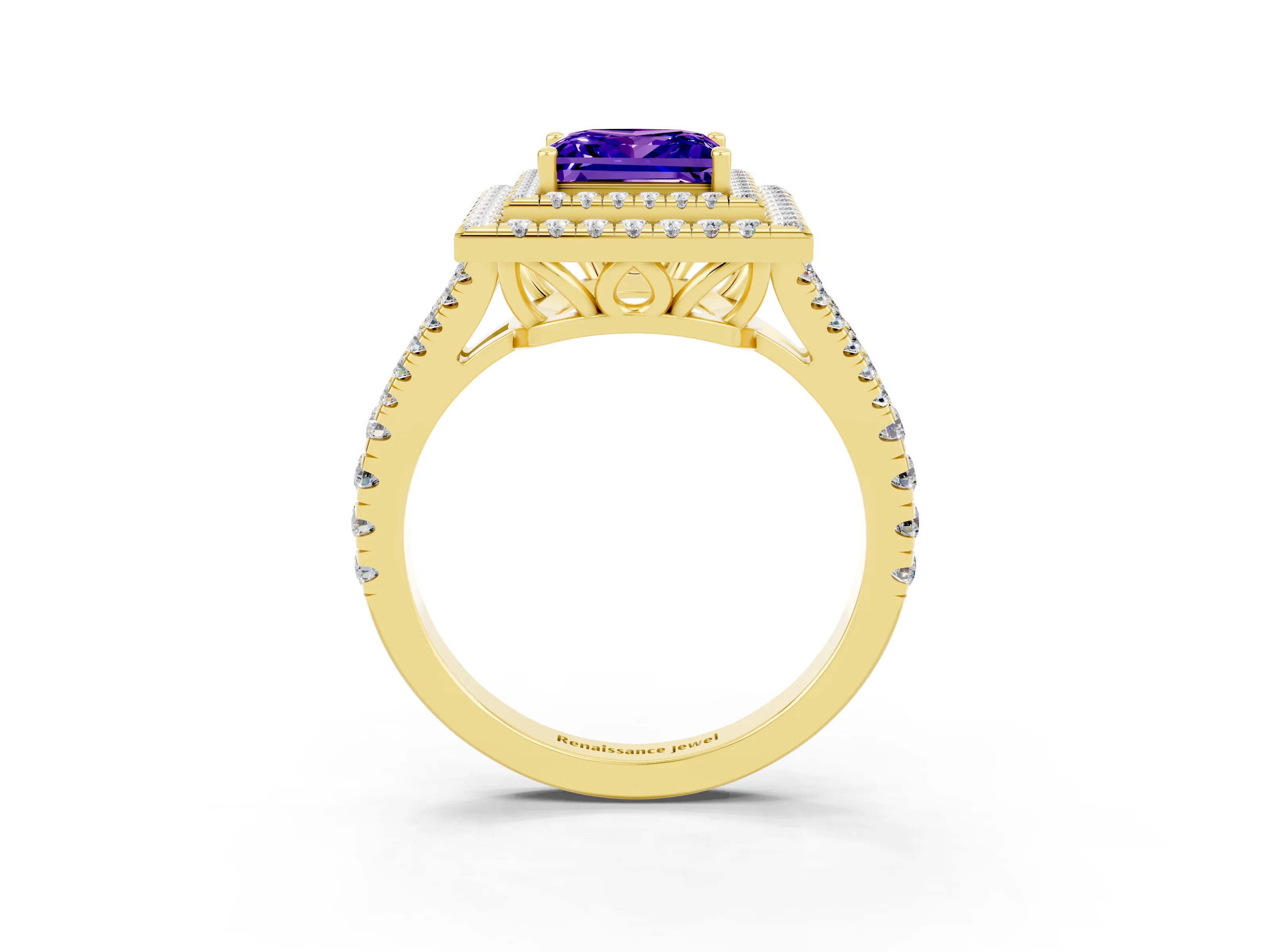 Yellow gold Princess Cut Tanzanite Double Halo Ring with Pavé Band and Prong Setting_15