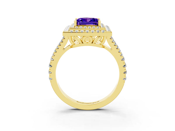 Yellow gold Princess Cut Tanzanite Double Halo Ring with Pavé Band and Prong Setting