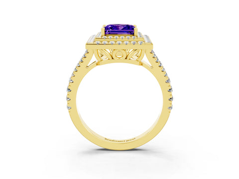 Yellow gold Princess Cut Tanzanite Double Halo Ring with Pavé Band and Prong Setting_15
