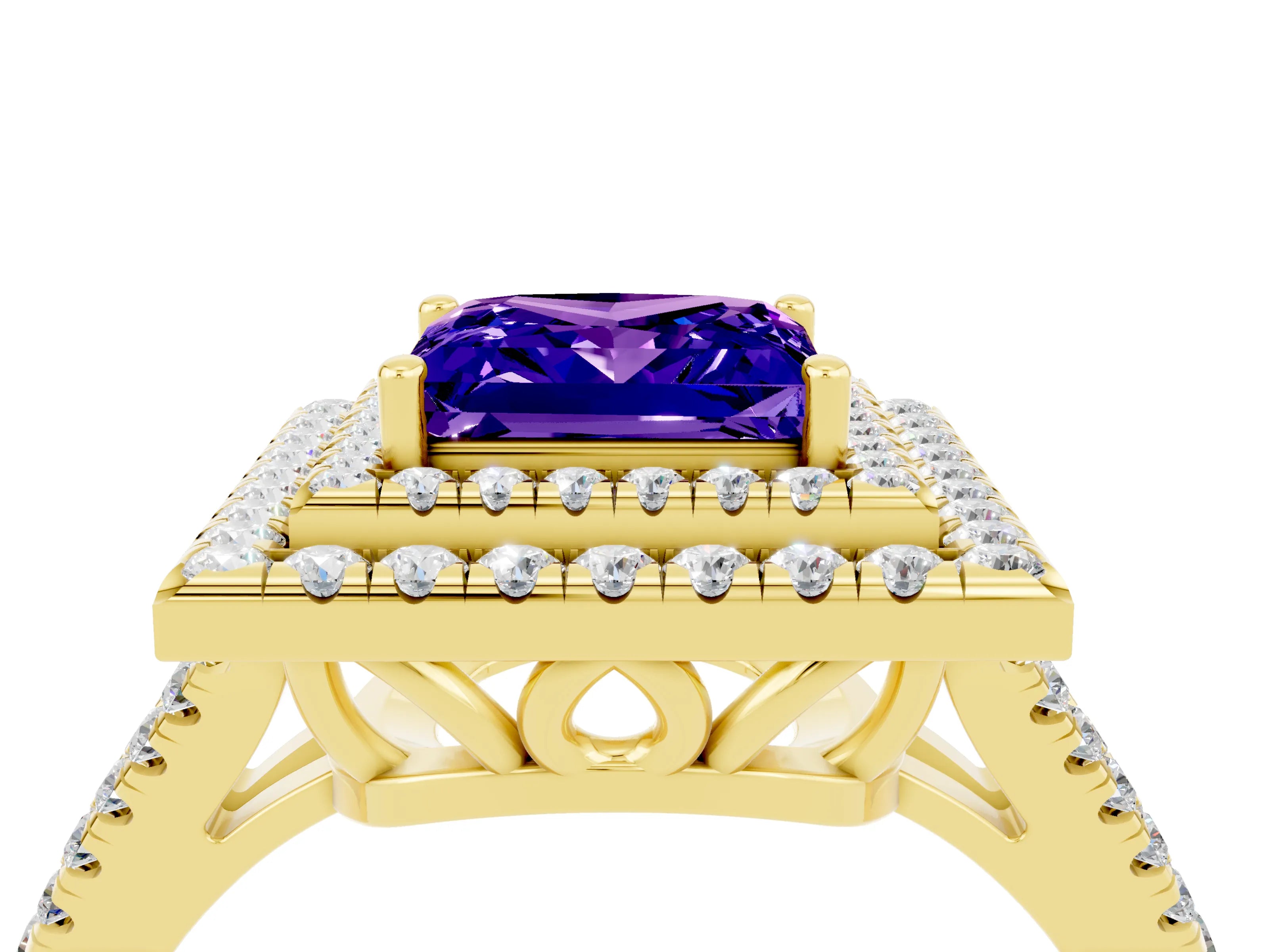 Yellow gold Princess Cut Tanzanite Double Halo Ring with Pavé Band and Prong Setting_16