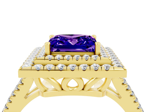 Yellow gold Princess Cut Tanzanite Double Halo Ring with Pavé Band and Prong Setting_16