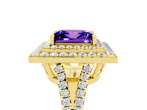 Yellow gold Princess Cut Tanzanite Double Halo Ring with Pavé Band and Prong Setting_17