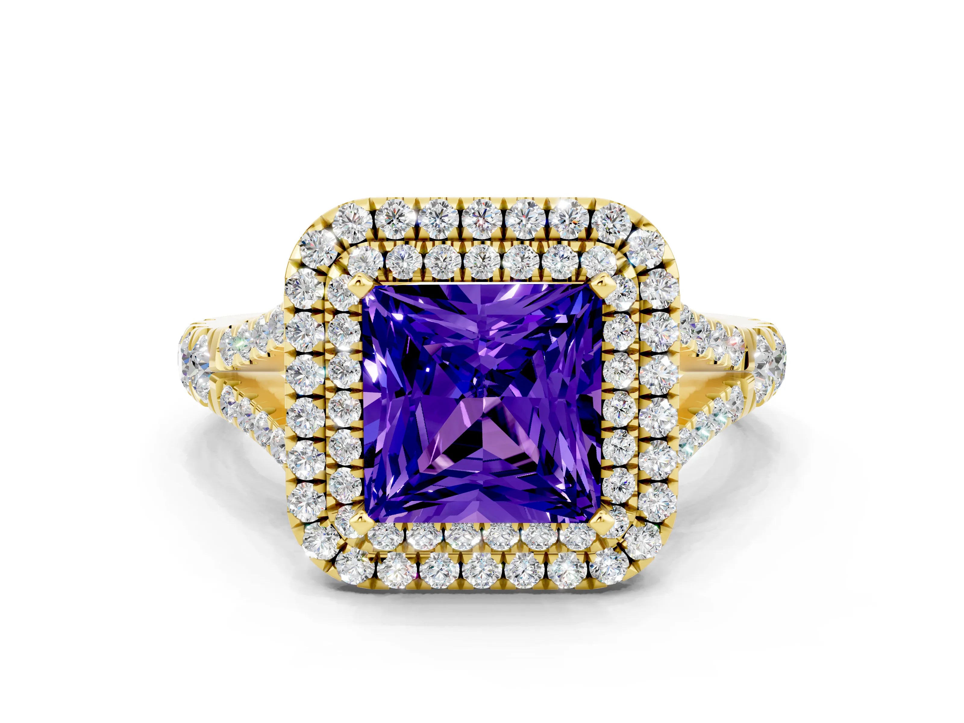 Yellow gold Princess Cut Tanzanite Double Halo Ring with Split Shank and Prong Setting_12