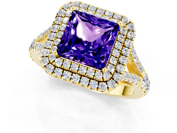 Yellow gold Princess Cut Tanzanite Double Halo Ring with Split Shank and Prong Setting