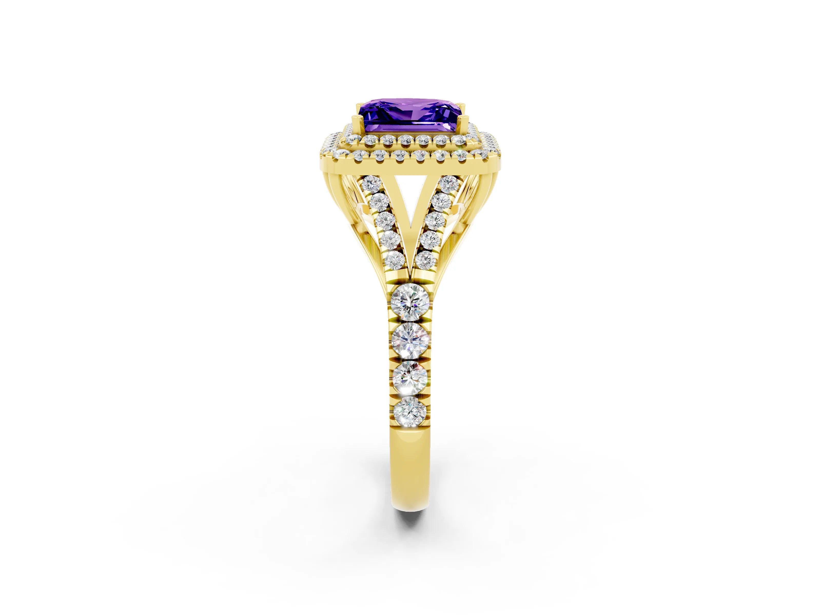 Yellow gold Princess Cut Tanzanite Double Halo Ring with Split Shank and Prong Setting_14