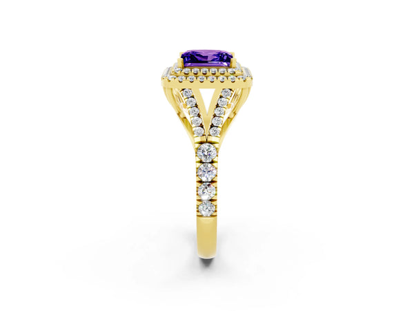 Yellow gold Princess Cut Tanzanite Double Halo Ring with Split Shank and Prong Setting