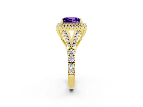 Yellow gold Princess Cut Tanzanite Double Halo Ring with Split Shank and Prong Setting_14