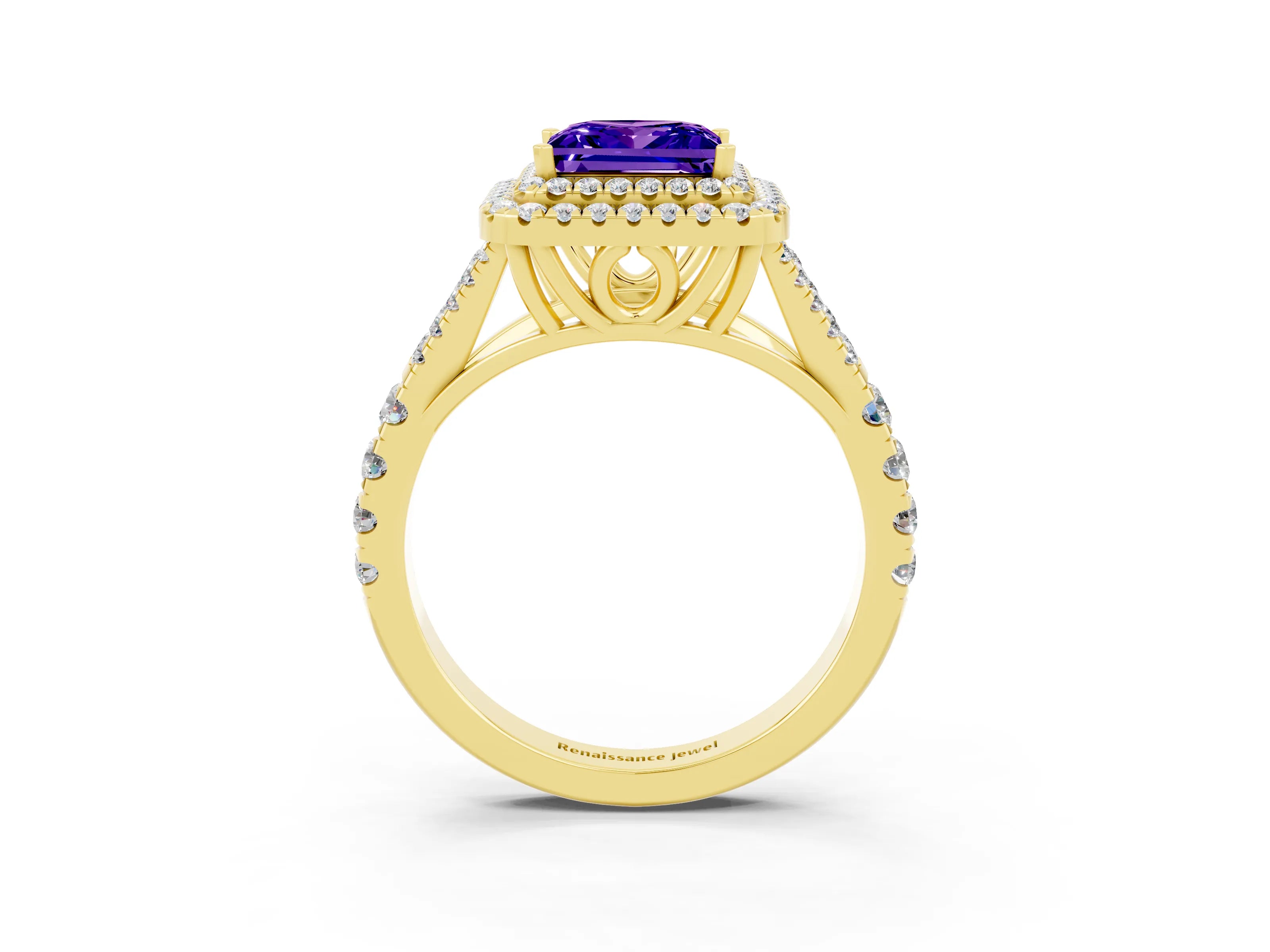 Yellow gold Princess Cut Tanzanite Double Halo Ring with Split Shank and Prong Setting_15