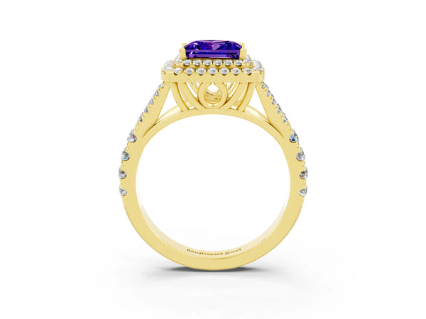Yellow gold Princess Cut Tanzanite Double Halo Ring with Split Shank and Prong Setting