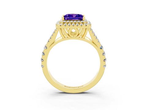 Yellow gold Princess Cut Tanzanite Double Halo Ring with Split Shank and Prong Setting_15