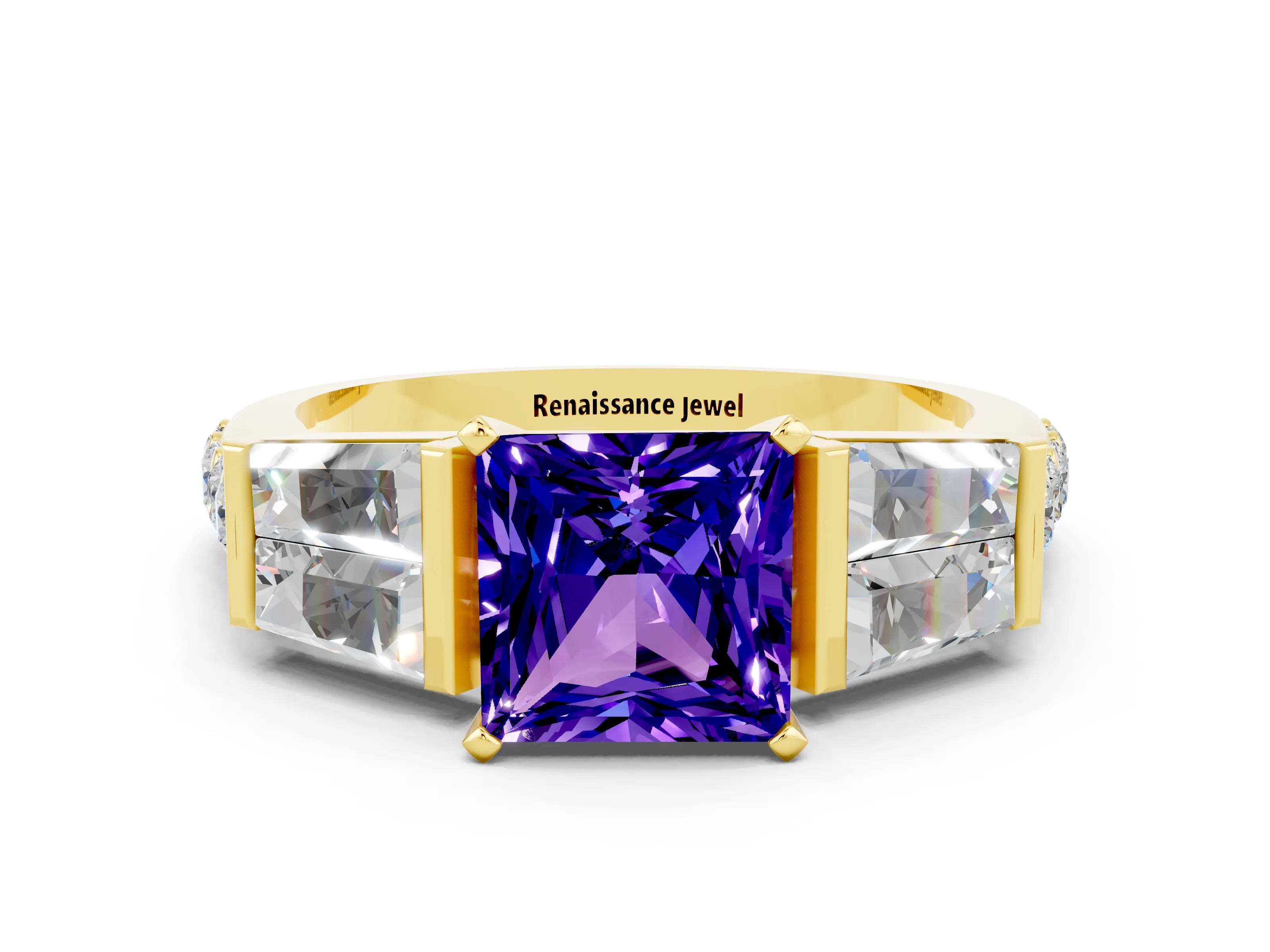 Yellow gold Princess Cut Tanzanite Engagement Ring with Baguette Side Stones and Channel Set Band